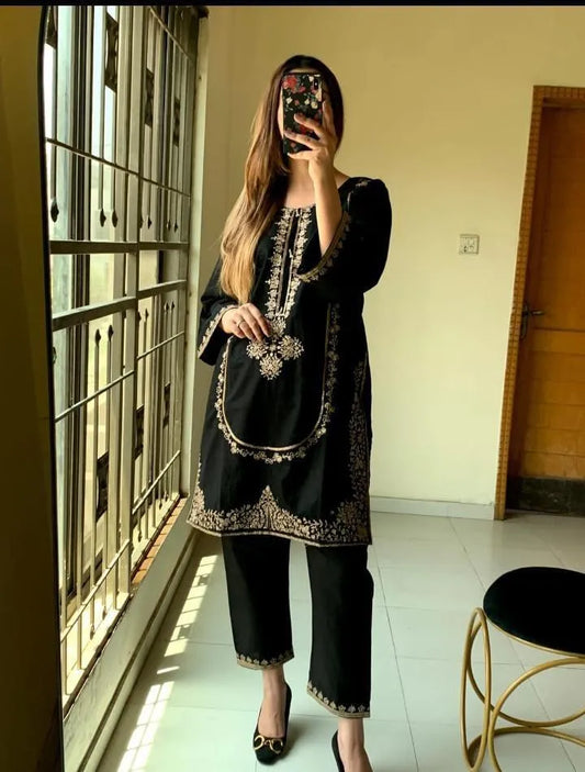 2 Pcs Women's Stitched Linen Embroidered Shirt And Trouser