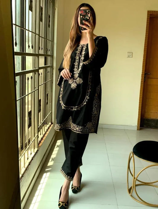 2 Pcs Women's Stitched Linen Embroidered Shirt And Trouser