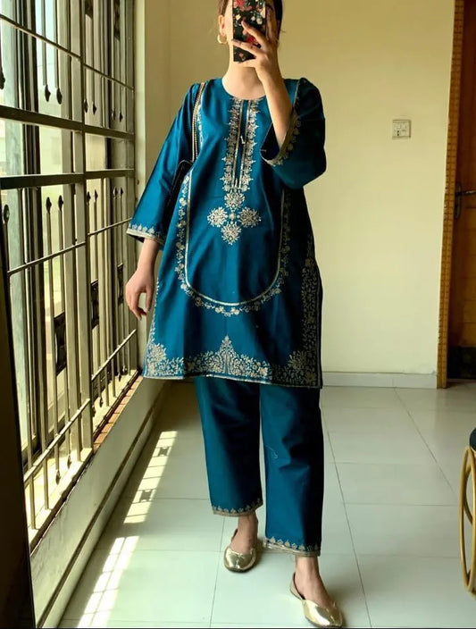 2 Pcs Women's Stitched Linen Embroidered Shirt And Trouser