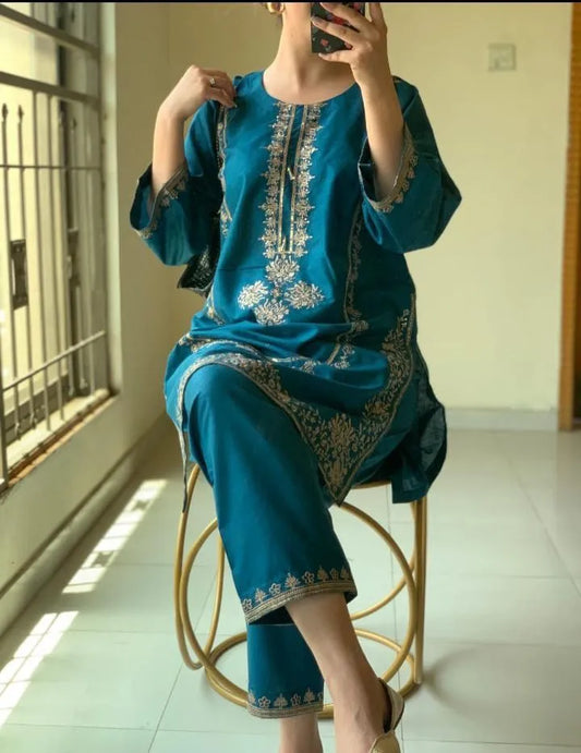 2 Pcs Women's Stitched Linen Embroidered Shirt And Trouser