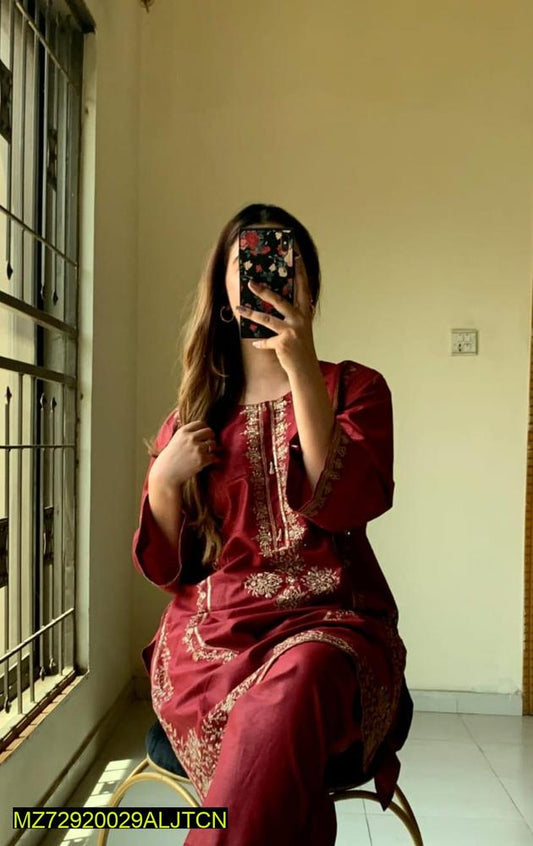 2 Pcs Women's Stitched Lawn Embroidered Shirt And Trouser